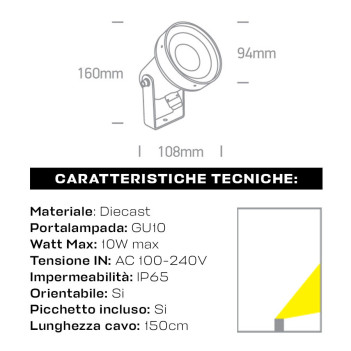 Faretto da Giardino con Picchetto con Attacco GU10 230V IP65 Antracite D94mm - Garden Spot
