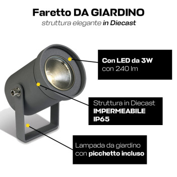 Faretto da Giardino con Picchetto 3W 240lm 35D 230V IP65 Antracite D69mm - Garden Spot