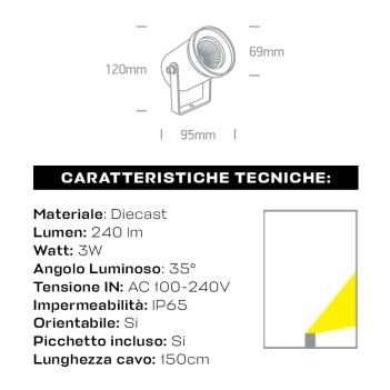 Faretto da Giardino con Picchetto 3W 240lm 35D 230V IP65 Antracite D69mm - Garden Spot