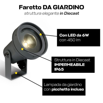 Faretto da Giardino con Picchetto 6W 450lm 35D 230V IP65 Antracite D94mm - Garden Spot