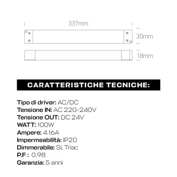 Alimentatore Triac 100W 24V Dimmerabile Taglio di Fase - Serie DIMSLIM-K1