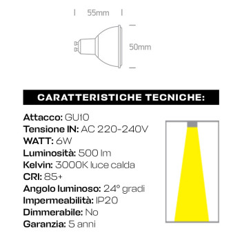 KING LED | Faretto GU10 6W angolo luce 24° gradi luce calda 3000K