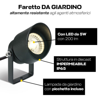 Faretto da Giardino con Picchetto 5W 200lm 30D 230V IP65 Antracite D68mm - Garden Spot