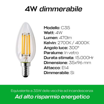 LED Bulb Olive C35, E14 Socket, 4W 470lm - Dimmable