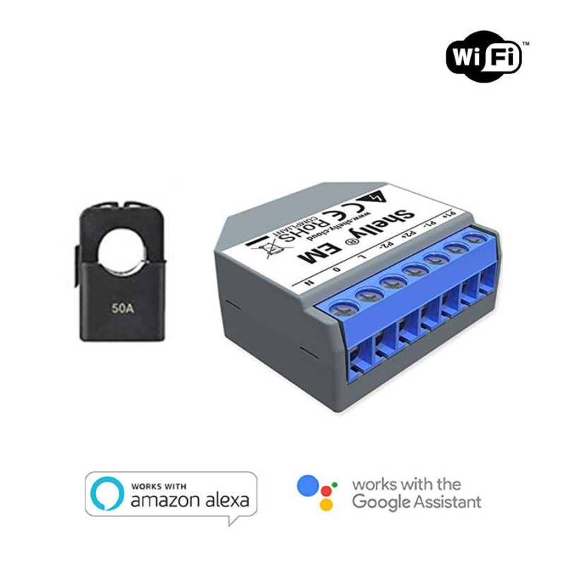 Shelly EM - Modulo Contatore Energia WiFi - Incluso di Pinza Contatto Amperometrica 50A