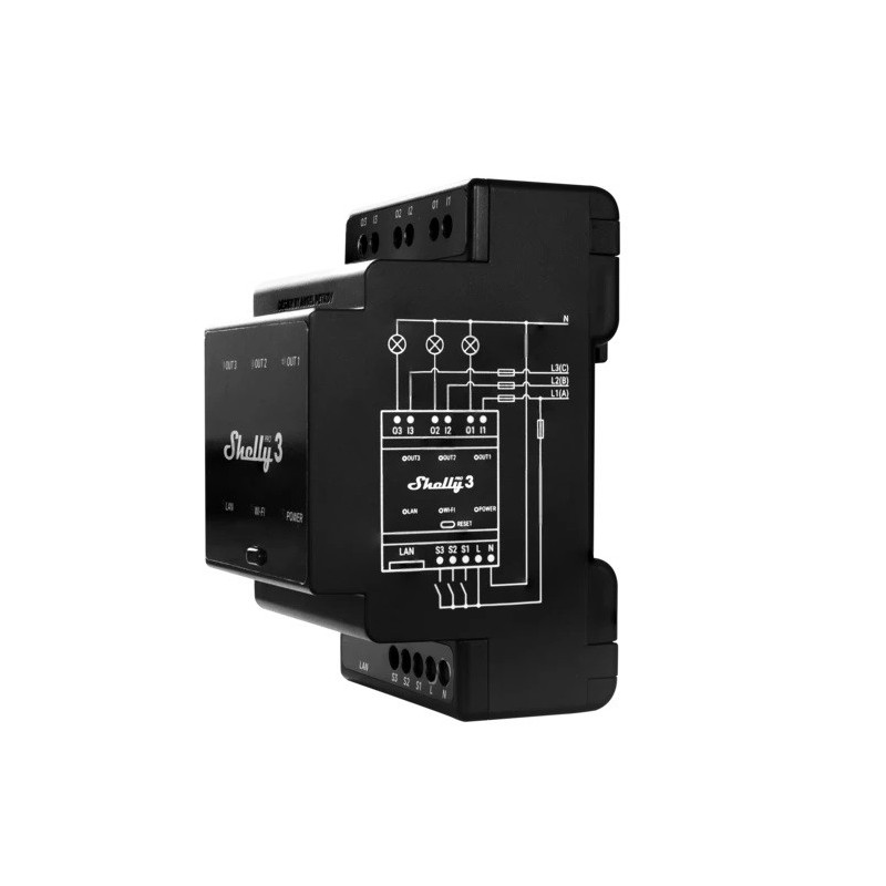 Shelly Pro 3 - Switch 3 CH 16A (Max 48A) 110-240V DIN Rail WiFi, LAN, Bluetooth, Voice