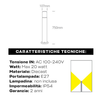 Paletto da giardino con attacco E27 serie Tube 75cm 220V IP54 - Antracite