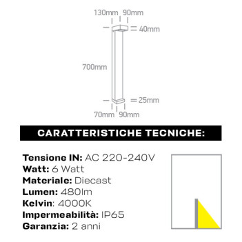 Paletto da giardino 6W 480lm 70cm 230V IP65 Led Bollards - Antracite