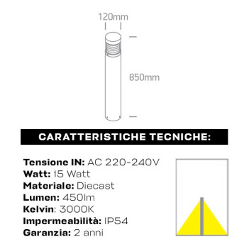 Paletto da giardino 15W 450lm 85cm 230V IP54 Led Bollard 50D - Antracite