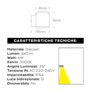 Applique Led da Parete BEAM 6W 440lm 35D IP54 230V Grigio