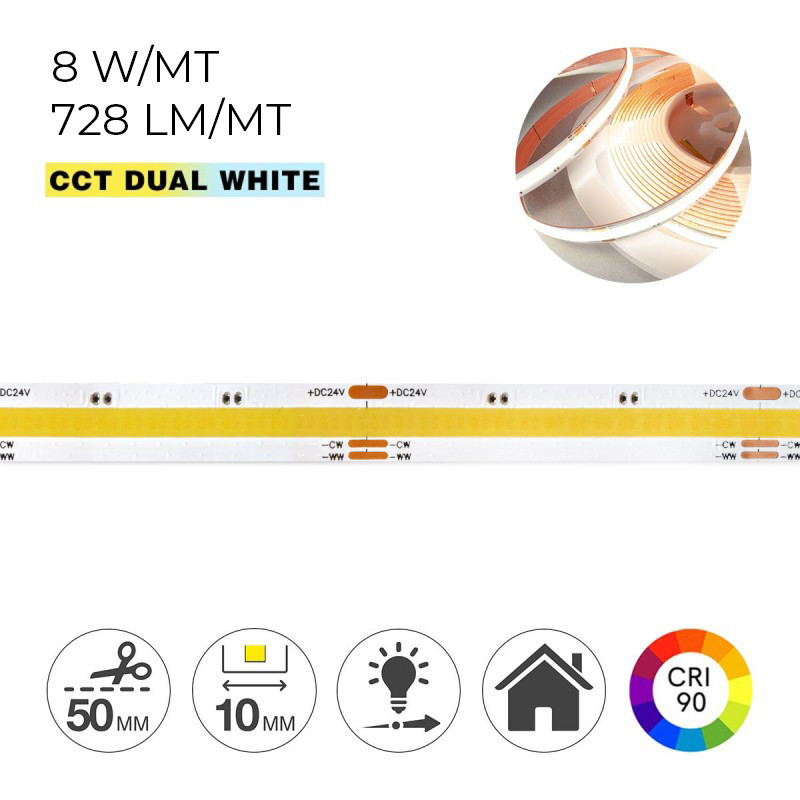 Led Strip COB CCT CRI90 80W 7200lm 24V IP20 PCB 10mm Chip Led Continued en Led Strip COB CCT CRI90 80W 7200lm 24V IP20 PCB 10mm Chip Led Continued en