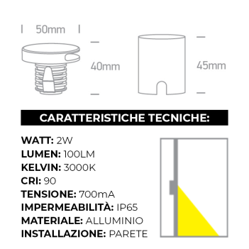 Segnapasso Led FLUX-O 2W 100lm CRI90 38D IP65 700mA Nero da Incasso Foro 35mm