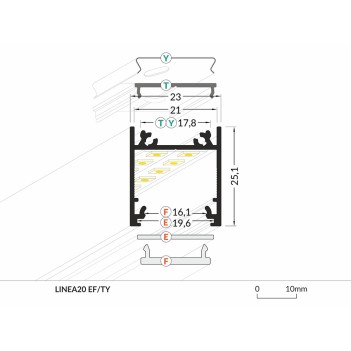 LINEA20 Aluminum Profile for Led Strip - Anodized 2mt - Complete Kit