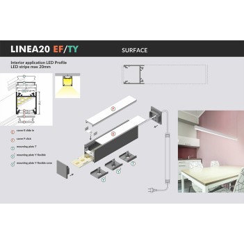 LINEA20 Aluminum Profile for Led Strip - Anodized 2mt - Complete Kit