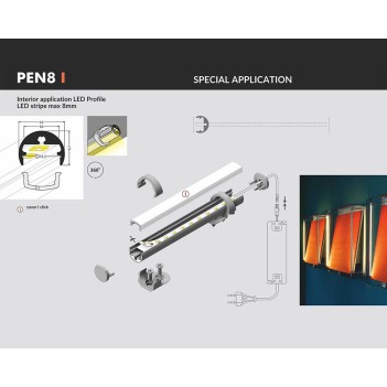 PEN8 Exhibition Aluminum Profile for Led Strip - Anodized 2mt - Basic Kit