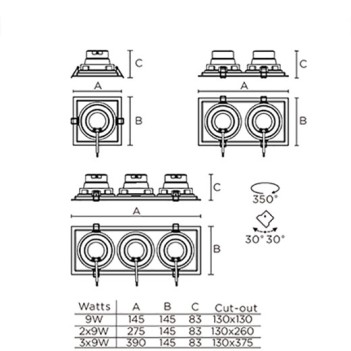 Faretto Led da Incasso 2x9W 1440lm 24° Foro 130x260mm su