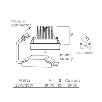 Faretto Led da Incasso Cri90 35W 2400lm 36D Foro Ø150mm su